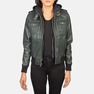 Vente en gros blouson aviateur en cuir à capuche vert service OEM disponible décontracté teint en couleur unie fabrication professionnelle de haute qualité - Product Image 2