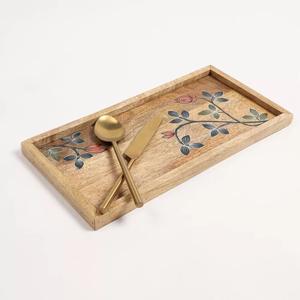 Plateau de service rectangulaire moderne en bois naturel personnalisable avec poignées de transport faciles Plateau de petit déjeuner en céramique décoratif pour café - Product Image 3