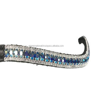 Superbe saphir AB cristaux 3 rangées Mega Bling fait à la main en cuir véritable cheval sourcil bande dans toutes les tailles et couleurs personnalisées - Product Image 1