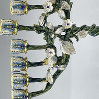 Ménorah Hanouka en émail à motif floral, Ornement Judaïca, Design artistique en forme de branche, Cadeau de festival, Objet de collection artisanal pour les Juifs