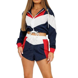 Conjunto de dos piezas con capucha y cremallera para mujer en color sólido Conjunto de chándal cortavientos para exteriores Conjunto de Top corto cortavientos - Product Image 2