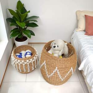 Set of 2 Large Handwoven Seagrass Storage <b>Baskets</b> Decorative Woven <b>Laundry</b> Bins Blankets Towels Living Room Bedroom Organization - Product Image 5