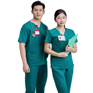 Tenue chirurgicale vietnamienne FMF, ensemble de blouses médicales unisexe - tissu en coton peigné/élasthanne vert, détection des aiguilles, accessoires hospitaliers - Product Image 1