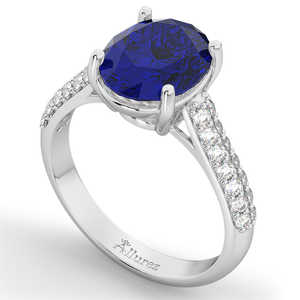Bague de fiançailles en or blanc 18 carats avec saphir bleu et diamant 4,42 carats, plaqué rhodium, ovale, bijou de déclaration avec technologie de sertissage raffinée - Product Image 1
