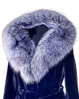 Manteau en fausse fourrure bleu marine pour femme avec grand col en renard argenté ceinturé à la taille Manteau d'hiver en peluche élégant et chaud
