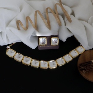 Classic <b>Square</b> Brass Kundan Necklace and Earring Set Royal Gold-Plated Choker Elegant Moissanite for Women Wedding Engagement - Product Image 1
