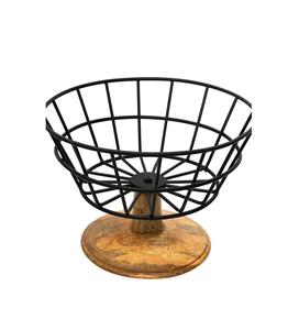 Panier d'organisation de rangement décoratif pour la maison et la cuisine en métal fer noir enduit de poudre avec socle en bois - Product Image 1