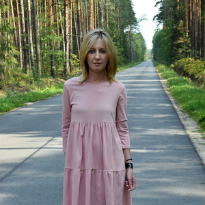 Personnalisé rose foncé 100% coton robe mi-longue pour femmes manches longues volants tissé écologique été automne style uni mini robe - Product Image 1