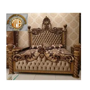 High Quality Luxury European Bedroom Wedding King Queen double Size Wood frame Carving Leather headrest platform Bed