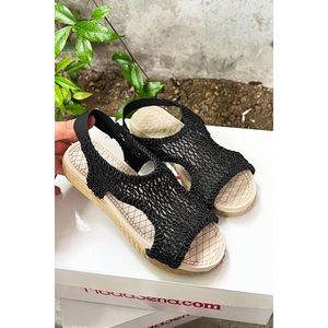 Summer Black Woven Flat <b>Sandals</b> <b>Elastic</b> Back Open Closed Toe Breathable Lightweight PU Insole Fashion Trend for Beach Occasions - Product Image 3
