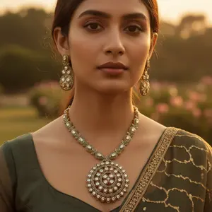 Ensemble de collier en or blanc plaqué Kundan avec zircon, diamant et perle pour mariage et fête, bijoux fins indiens pour femmes - Product Image 1