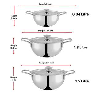 Stainless Steel Serving Bowl <b>Set</b>-3 <b>Pc</b> 0.84L,1.3L,1.5LMixing,Curry & Dining Bowls Food Grade Steel - Product Image 3