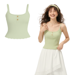 Ensemble de haut et de bas pour femme, col en V, côtelé, uni, fines bretelles spaghetti, respirant, écologique, 100% coton extensible, personnalisable - Product Image 1