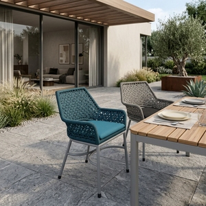 Teal Outdoor <b>Dining</b> <b>Armchair</b> White Aluminium Frame Synthetic Ropes Blue Cushion Patio Setup Art Design Decor - Product Image 5