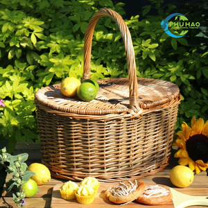 Panier de pique-nique en rotin de style vintage avec couvercle du Vietnam Grand panier de récolte en osier léger pour un voyage facile - Product Image 2