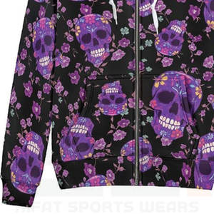 Sudadera con Capucha de Invierno con Estampado Floral de Calavera de Azúcar Morada Premium, Arte del Día de los Muertos, Bolsillos Delanteros, Cordón Ajustable, Tela de Felpa - Product Image 6