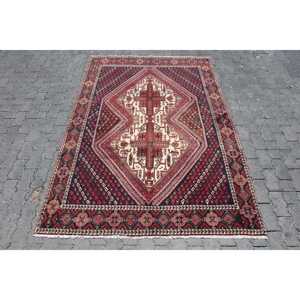 Vintage Turkish Rug, 5.2x7.9 ft Rug, <b>Red</b> Floral <b>Wool</b> Rug - Product Image 1
