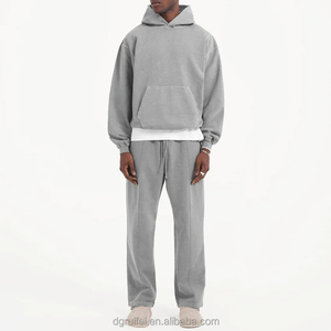 Heavyweight Cotton Acid Wash Hoodie and Sweatpants Set 2 Pieces Plain Blank Vintage Sweatsuits Tracksuits for Men - Product Image 5