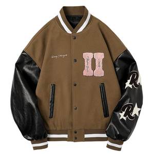 Chaqueta de béisbol con manga de cuero para hombre, chaqueta personalizada con botones, venta al por mayor - Product Image 1