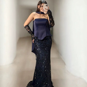 พรีเมี่ยมโมเดิร์นผู้หญิงชุดราตรีผ้าซาตินเมอร์เมดแขนสั้นงานแต่งงานชุดเดรสเบอร์กันดีสำหรับสีกรมท่าขนาด 36 38 40 42 - Product Image 1