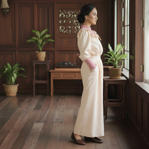 Robe Baju Kurung vintage brodée, écologique, motif géométrique, traîne balayante, sans repassage, en crêpe Cey moderne, épaules bouffantes - Product Image 2