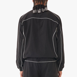 Ensemble de survêtement unisexe en molleton de coton imprimé uni léger, vente en gros OEM, logo personnalisé, 2 pièces, noir avec piping réfléchissant - Product Image 2