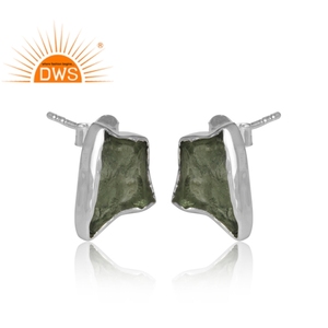 Hot Selling Fine Sterling <b>Silver</b> Natural Rough Moldavite Gemstone <b>Stud</b> Earring Custom Jewelry Manufacturer - Product Image 2