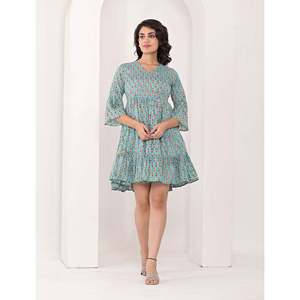 Robe en coton vert à imprimé bloc, taille élastique, respirante, style décontracté pour le bureau, style chinois, occasions de club, fourniture ODM - Product Image 1