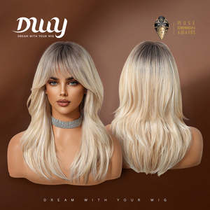 Paloma C-DWY Mid-Length Wavy Rooted Blonde <b>Wig</b> with Bangs Gen 2 Large Realistic Scalp Glueless Synthetic Transparent Lace Color - Product Image 4