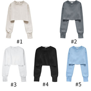 Top corto de color sólido de alta calidad con capucha Sudaderas con cuello redondo para mujer ropa informal Jersey de algodón sudaderas con capucha - Product Image 6