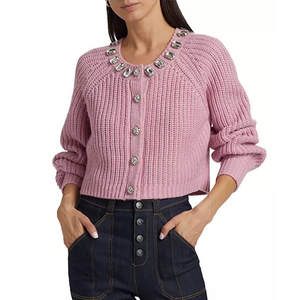 Cárdigan de Punto Grueso Informal para Mujer, Estilo Coreano, Suéter Corto de Invierno con Botones de Estrás, Moda Rosa de Tendencia - Product Image 3