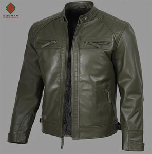 Classic Solid Olive Green Distressed Synthetic <b>Leather</b> Casual Winter <b>Jacket</b> for Men's | Handmade <b>Cafe</b> <b>Racer</b> Biker Style - Product Image 6