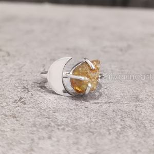 Joyería de piedra cruda, anillo para mujer, piedra preciosa de citrino ajustable Natural, piedra natal de noviembre, luna creciente, anillo de Plata de Ley 925 - Product Image 1