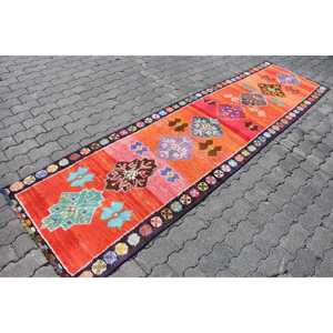 Vintage Rug, 2.6x9.6 ft <b>Runner</b> Rug, <b>Red</b> Blue Herki Wool Rug - Product Image 3