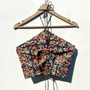 เสื้อครอปผ้าฝ้าย jaal กากบาทสีฟ้าของผู้หญิงเสื้อครอปพิมพ์ลายดอกไม้หลากสีผ้าถักความยาวสั้นพู่กลวง - Product Image 2