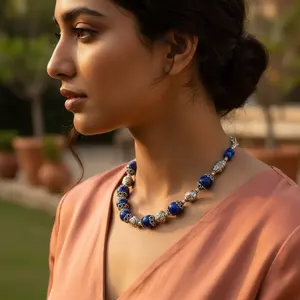 Women's Silver Lapis Lazuli <b>Beaded</b> Necklace with Freshwater Pearl <b>Turquoise</b> Agate Religious Style Fruit Pattern for Gift - Product Image 3