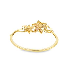 Elegant 14k Yellow Gold Floral Pink Mother of Pearl Inlay Hinged Bangle with Diamond As an Elegant Fine Bangle Gift | OEM - Product Image 3