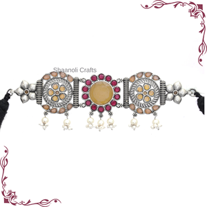 Ensemble de bijoux de mariage finition argent oxydé indien motif géométrique collier ras du cou Jhumka boucles d'oreilles Style religieux argent - Product Image 4