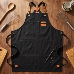 Classic Heavy Duty Reusable Canvas Black Adjustable <b>Waist</b> Bib <b>Apron</b> with Pockets - Product Image 1