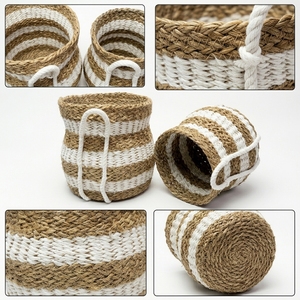 Natural Seagrass Recycled <b>Plastic</b> Storage <b>Basket</b> Set White Stripe Belly Pot Planter Pure Art Arch Handle Decor Setup Room Design - Product Image 2
