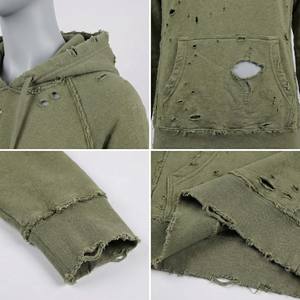 Sweat à capuche personnalisé pour femme, en molleton bouclette épais, imprimé hiver, vert olive, style vintage grunge, effet usé et déchiré avec trous de mites - Product Image 4