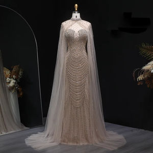 Jancember LSZ165 Robe de soirée sirène en cristal <span class=keywords><strong>champagne</strong></span> avec perles musulmanes et châle - Product Image 4