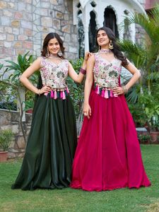 Mujer verano cuello en V tamaño libre hasta el suelo Lehenga Choli Casual Festival lindo suelto pesado bordado secuencia Thred Patchwork - Product Image 6