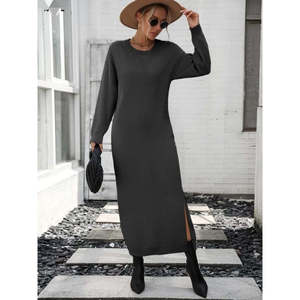 Vestido Midi de Punto con Cuello Redondo y Manga Larga para Mujer de Jane's, con Detalle de Abertura Lateral - Ropa Casual Elegante para el Día a Día - Product Image 1