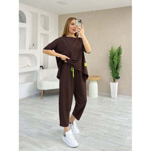 Ensemble deux pièces pour femme, chemisier à manches courtes et col rond en viscose à deux fils et pantalon, 37758 - Café - Product Image 3