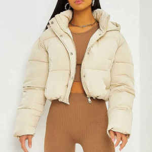 Custom Design Navy OEM Women's Puffer <b>Cropped</b> Hooded <b>Jacket</b> Full Drawstring Zip And Bubble <b>Jacket</b> Women's Winter Down <b>Jacket</b> - Product Image 2