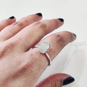 Bijoux en pierre brute bague pour femme pierre précieuse aigue-marine brute naturelle pierre de naissance de mars bague martelée bijoux bague en argent Sterling 925 - Product Image 4