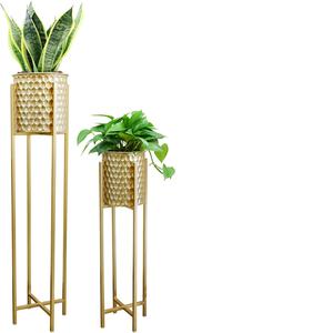 Set of 2 Metal <b>Planters</b> with <b>Gold</b> Powder Coated Stand Different Sizes Round Shape Metal Flower <b>Planters</b> for Home Garden Decor - Product Image 3