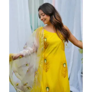 Conjunto de traje Morpankh amarillo para mujer, estilo vintage, tradicional, étnico, tejido de rayón, bordado liso, de secado rápido, holgado, festivo - Product Image 4
