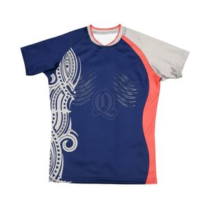 Maillot de rugby personnalisé rouge, blanc et bleu marine, en polyester respirant, pour entraînement professionnel, fabriqué en usine - Product Image 3